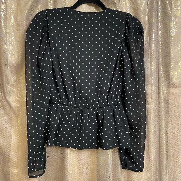 Express Black White Sheer Sleeve Polka Dot Surplice Top Puff Sleeve S - Picture 2 of 6
